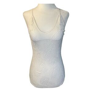 Aura Floral Lace Bodysuit White Mesh Semi-Sheer Cutouts Snap Closure S/M